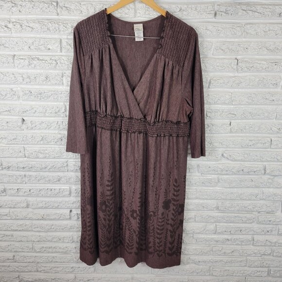 Just My Size Womens Dress 3X Plus 3/4 Sleeve Brown Floral Smocked BRO13E - Picture 1 of 12